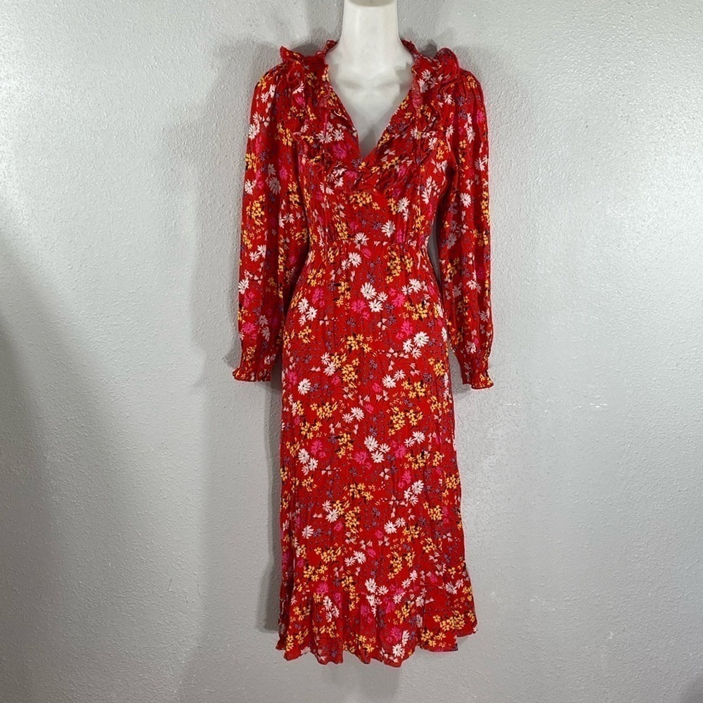 Oliver Bonas Floral Print & Frilled Bib Trim Red Midi Dress 2 EE29 - Picture 9 of 16